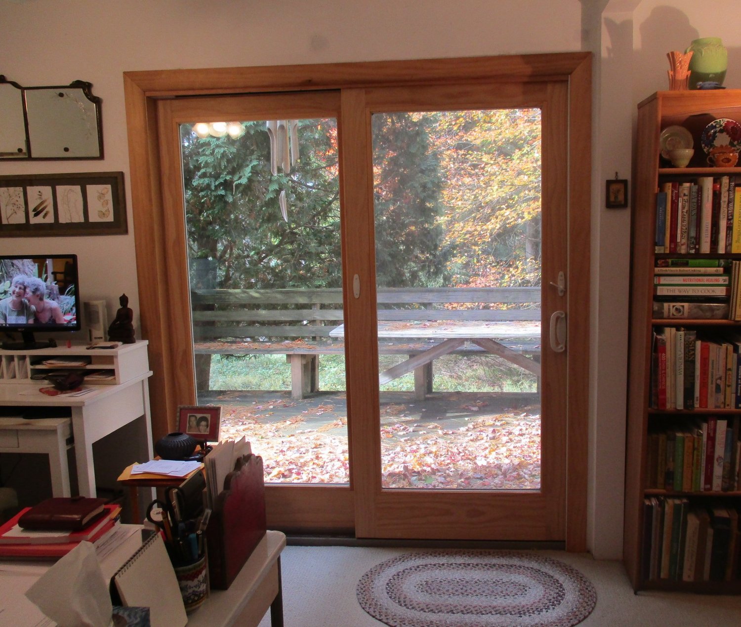 The glass door leading to the back porch.
